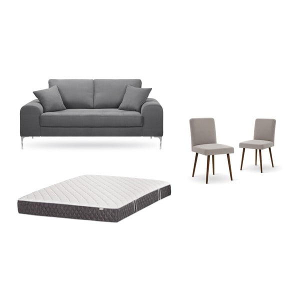 Szürke, kétszemélyes kanapé, 2 db szürkésbézs szék, matrac (140 x 200 cm) szett - Home Essentials