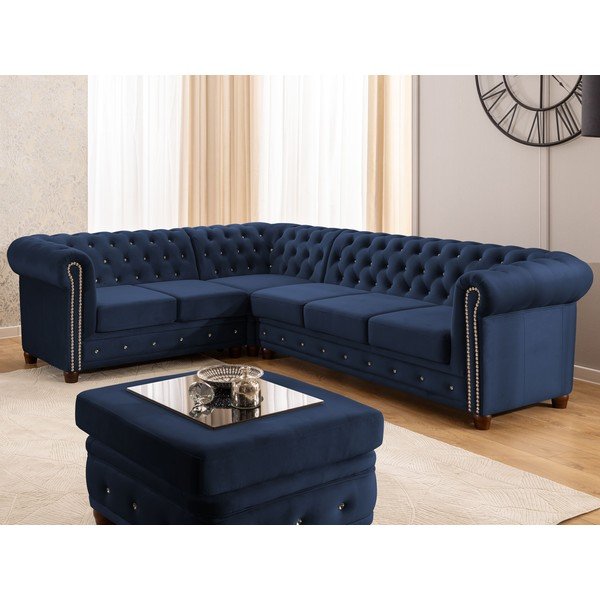 Kék bársony kinyitható sarokkanapé (bal oldali-L alakú) York Blik – Ropez-image-1