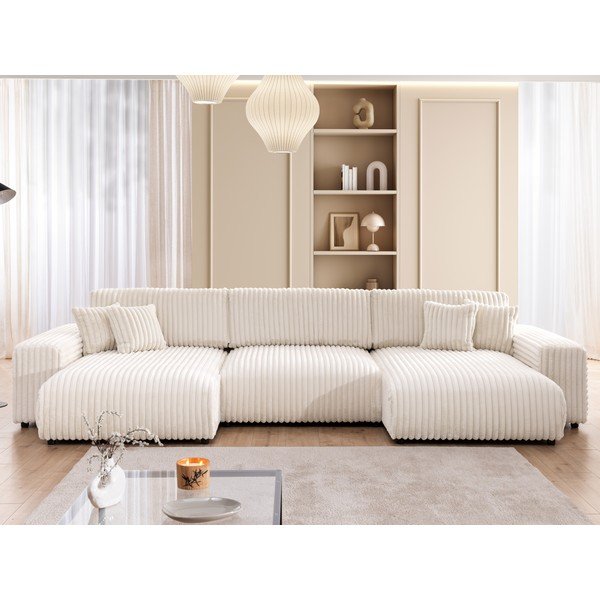 Krémszínű kordbársony kinyitható-tárolóhelyes sarokkanapé (U alakú) Sarina – Ropez-image-1