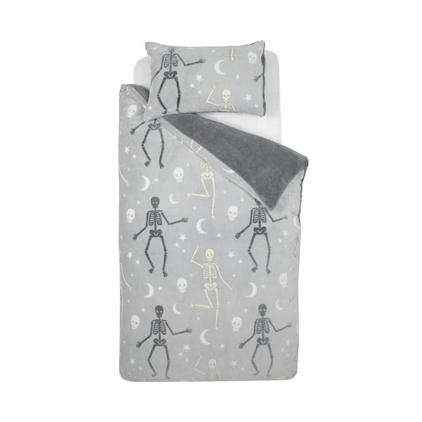 Szürke kétszemélyes mikroplüss gyerek ágyneműhuzat világító hatással 200x200 cm Halloween Skeleton – Catherine Lansfield