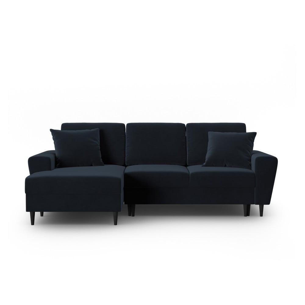Sötétkék bársony kinyitható tárolóhelyes sarokkanapé (bal oldali-heverő résszel) Kyoto – Cosmopolitan Design