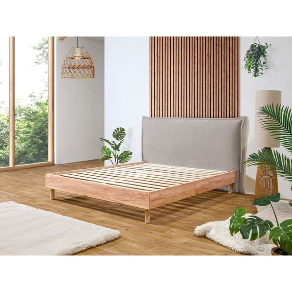 Világosszürke-natúr színű franciaágy ágyráccsal 160x200 cm Charlie – Bobochic Paris-image-1