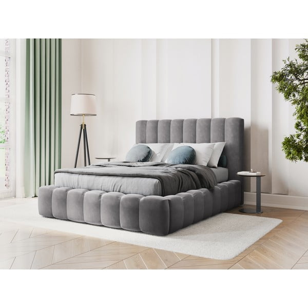 Szürke kárpitozott franciaágy tárolóhellyel, ágyráccsal 200x200 cm Kelp – Micadoni Home-image-1