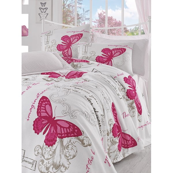 Pink Butterfly ágytakaró lepedővel, 160 x 235 cm