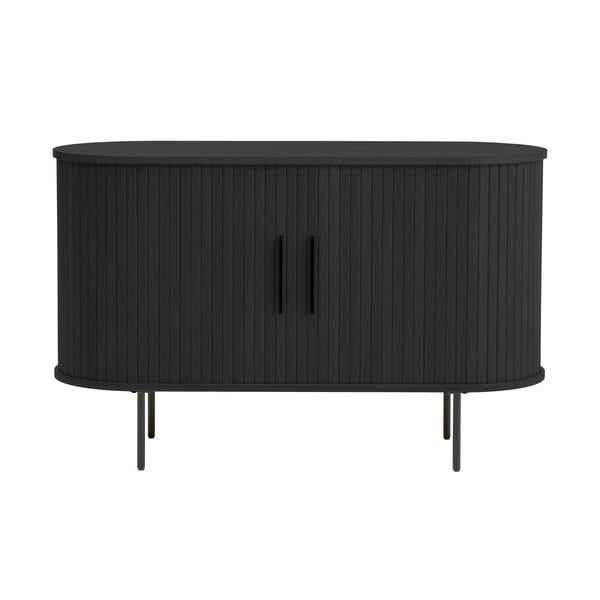 Fekete komód tolóajtóval, tölgyfa dekorral 120x76x45 cm Nola – Unique Furniture