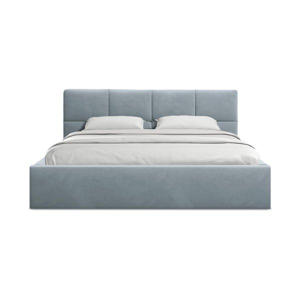 Világoskék bársony kárpitozott ágyneműtartós franciaágy ágyráccsal 140x200 cm Hiko – Makamii-image-3