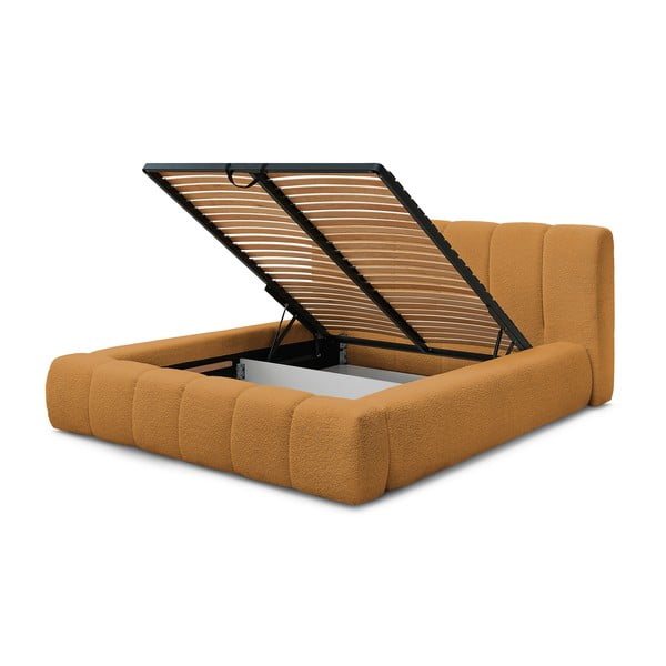 Mustársárga kárpitozott ágyneműtartós franciaágy ágyráccsal 160x200 cm Denali – Bobochic Paris-image-4