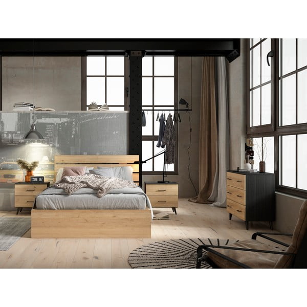 Fekete-natúr színű alacsony komód tölgyfa dekorral 80x72 cm Indus – Marckeric-image-4