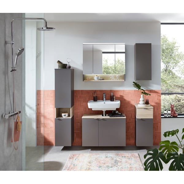 Szürke-natúr színű alacsony-fali fürdőszoba szekrény borovi fenyő dekorral 72x30 cm Quickset 394 – Pelipal-image-4