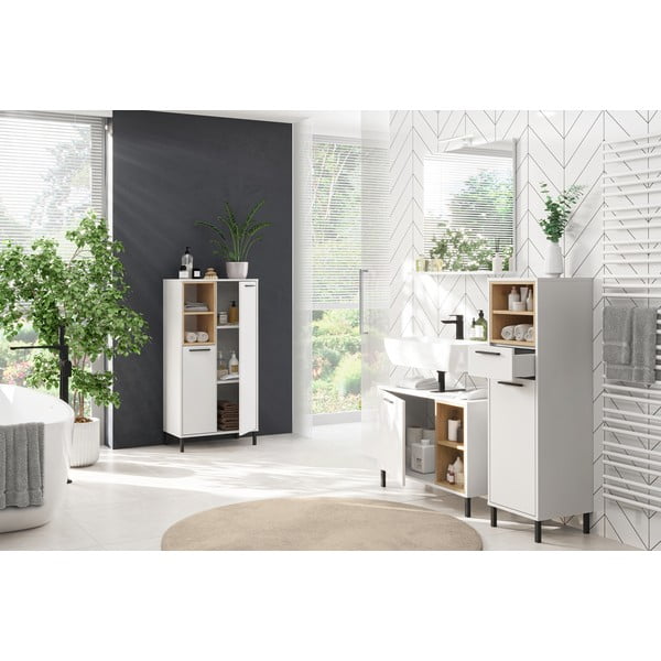Fehér magas fürdőszoba szekrény tölgyfa dekorral 34x118 cm Loria - Germania-image-4