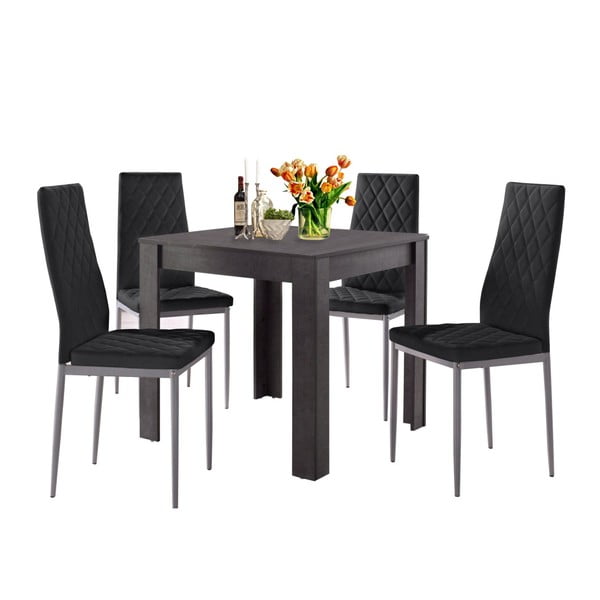 Lori and Barak betonszínű étkezőasztal 4 darab fekete étkezőszékkel, 80 x 80 cm - Støraa
