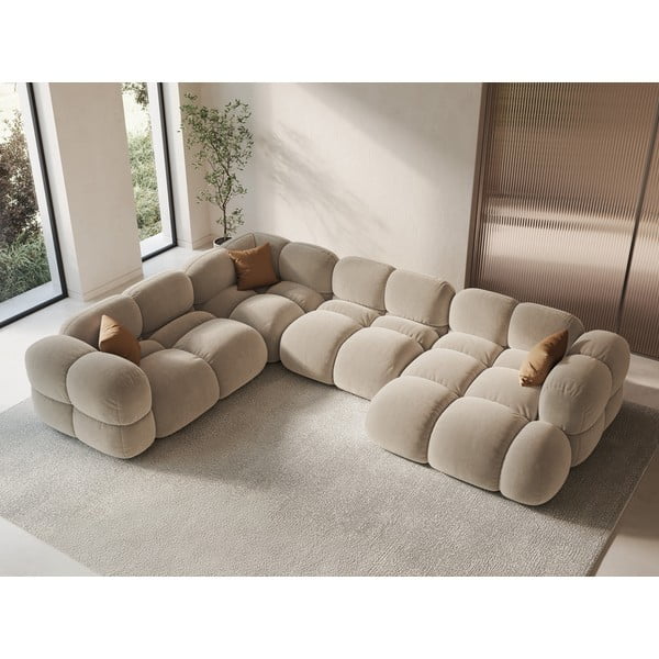 Bézs bársony sarokkanapé (bal oldali-U alakú) Loretto – Cosmopolitan Design-image-1