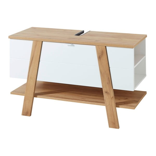 Novolino fehér mosdókagyló alatti szekrény tölgyfa dekorral, 111x67 cm - Germania-image-2
