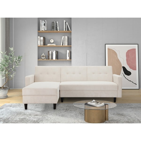 Fehér kordbársony kinyitható sarokkanapé Hartford – Støraa-image-1