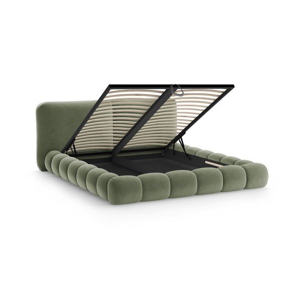 Zöld kárpitozott ágyneműtartós franciaágy ágyráccsal 160x200 cm Solange – Micadoni -image-2