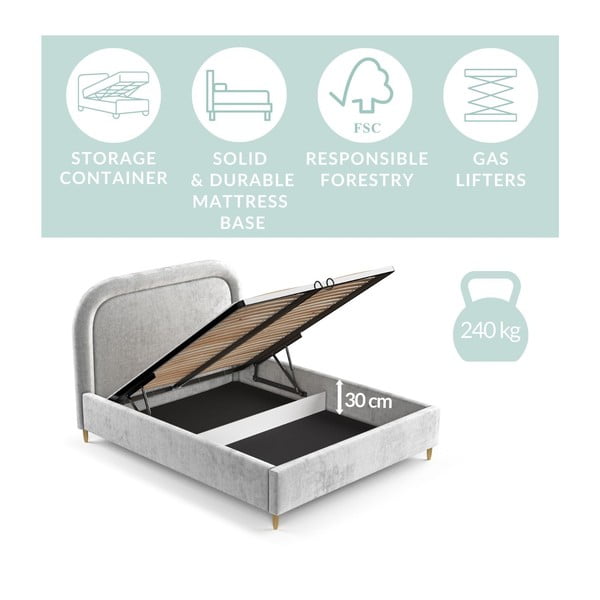 Világosszürke kárpitozott ágyneműtartós franciaágy ágyráccsal 160x200 cm Mija – Maison de Rêve-image-3