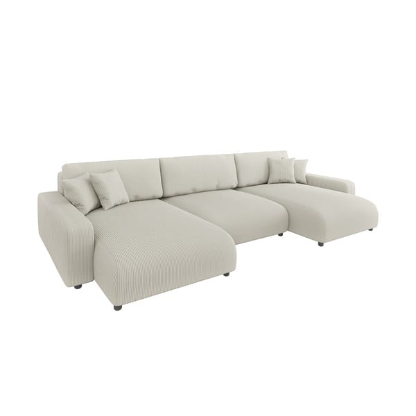 Krémszínű kordbársony kinyitható tárolóhelyes sarokkanapé Sara – Ropez