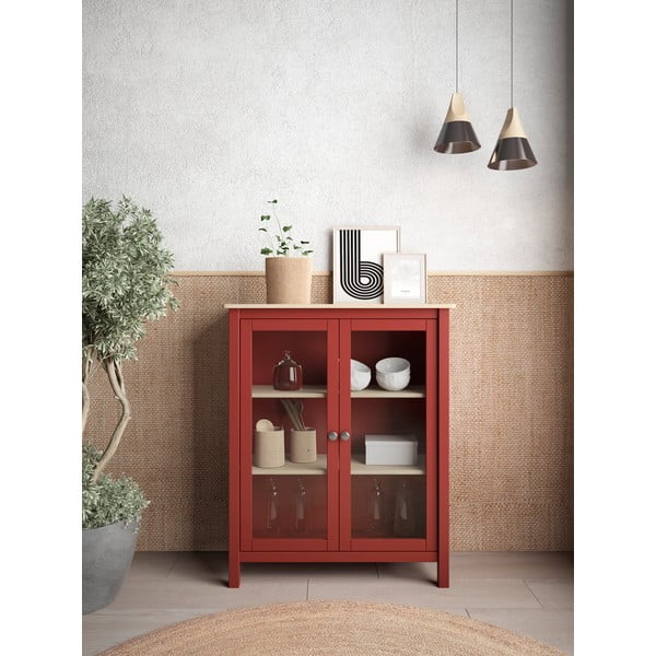 Piros-natúr színű borovi fenyő tálalószekrény 90x110 cm Misti – Marckeric-image-1