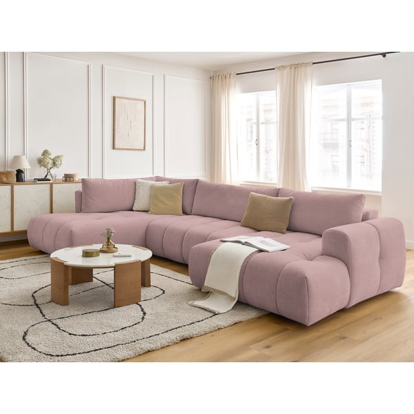 Rózsaszín kinyitható-tárolóhelyes sarokkanapé (bal oldali-U alakú) Fuji – Bobochic Paris-image-1