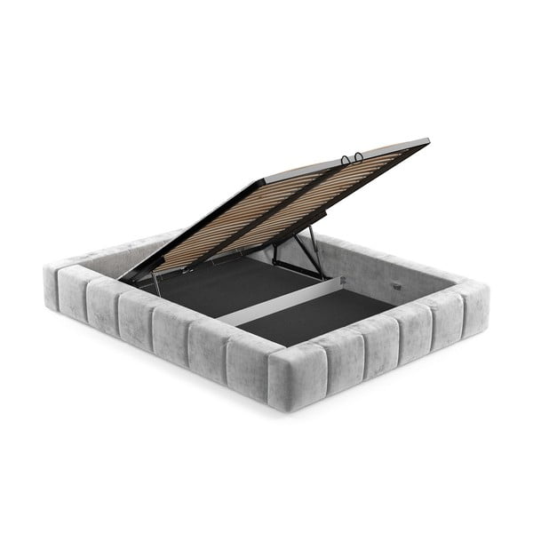 Világosszürke kárpitozott ágyneműtartós franciaágy ágyráccsal 160x200 cm Aruba L – Maison de Rêve-image-4