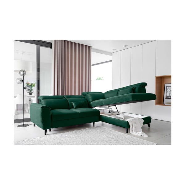 Zöld bársony kinyitható-tárolóhelyes sarokkanapé (jobb oldali-L alakú) Noble – ELTAP-image-3