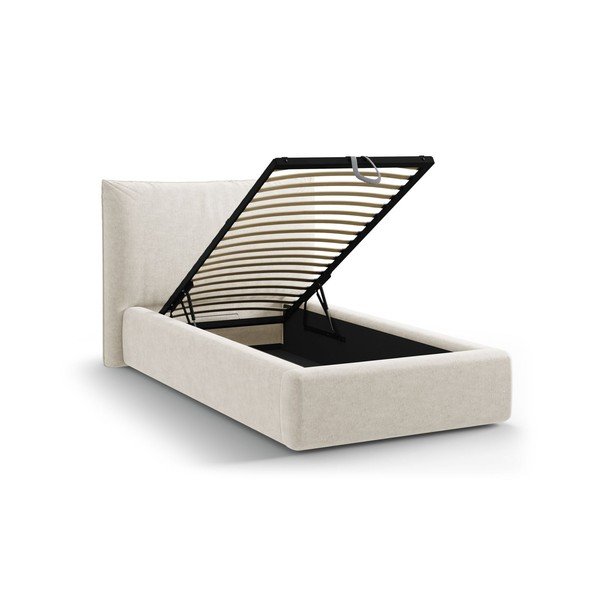 Krémszínű kárpitozott ágyneműtartós egyszemélyes ágy ágyráccsal 90x200 cm Kaelle – Micadoni -image-1