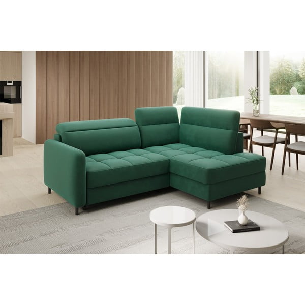 Zöld bársony kinyitható-tárolóhelyes sarokkanapé (jobb oldali-L alakú) Barea – ELTAP-image-3