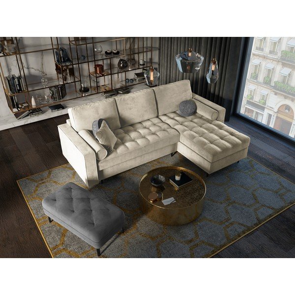 Santo bézs kinyitható bársony sarokkanapé, jobb oldali - Milo Casa-image-1