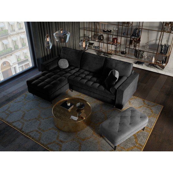 Santo fekete kinyitható bársony sarokkanapé, bal oldali - Milo Casa-image-1