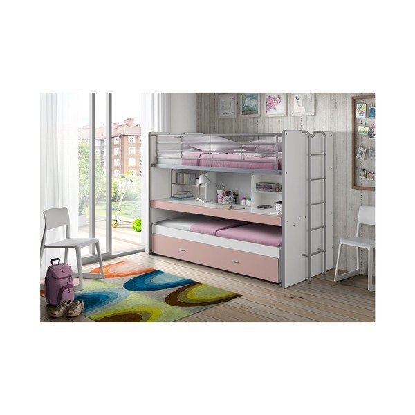 Fehér-rózsaszín emeletes ágyneműtartós gyerekágy kihúzható pótággyal, ágyráccsal 90x200 cm Bonny – Vipack-image-1