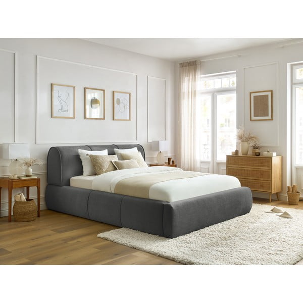 Szürke kárpitozott franciaágy tárolóhellyel, ágyráccsal 180x200 cm Vernon – Bobochic Paris-image-1