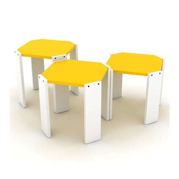 Rafevi Hansel 3 db egymásba rakható fehér tárolóasztal, sárga részletekkel