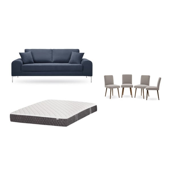 Sötétkék, háromszemélyes kanapé, 4 db szürkésbézs szék, matrac (160 x 200 cm) szett - Home Essentials