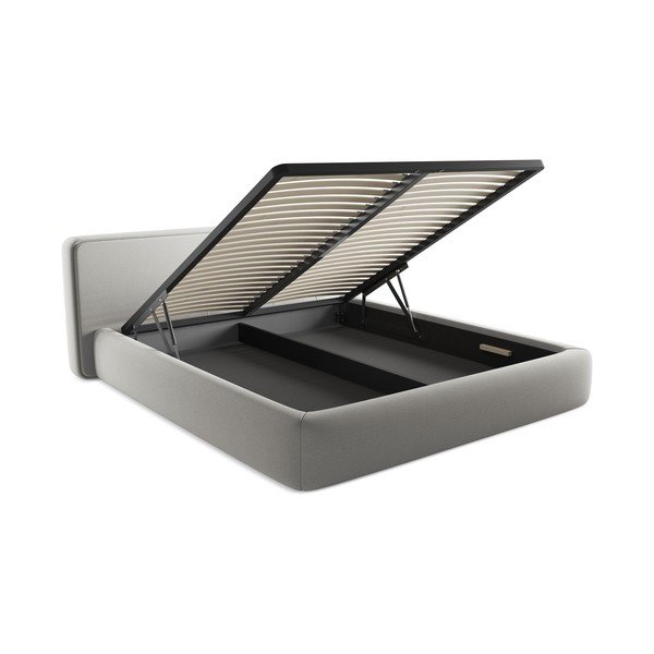 Világosszürke kárpitozott ágyneműtartós franciaágy ágyráccsal 180x200 cm Kiana – Makamii-image-3