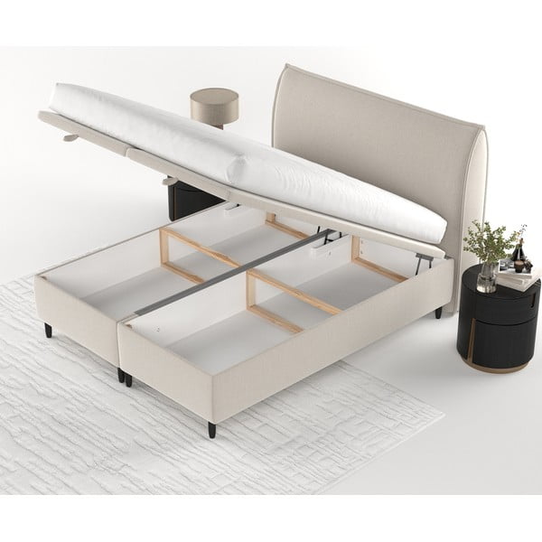 Bézs kárpitozott ágyneműtartós franciaágy 160x200 cm Pearl – Maison de Rêve-image-3