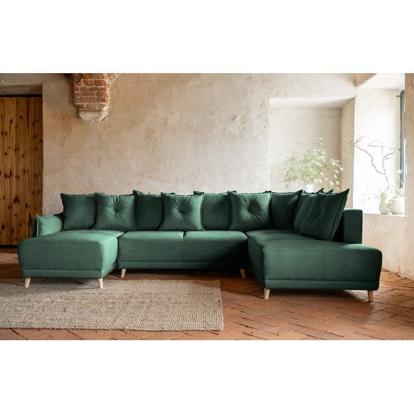 Zöld kordbársony kinyitható sarokkanapé (jobb oldali-U alakú) Lazy Lukka – Miuform-image-1