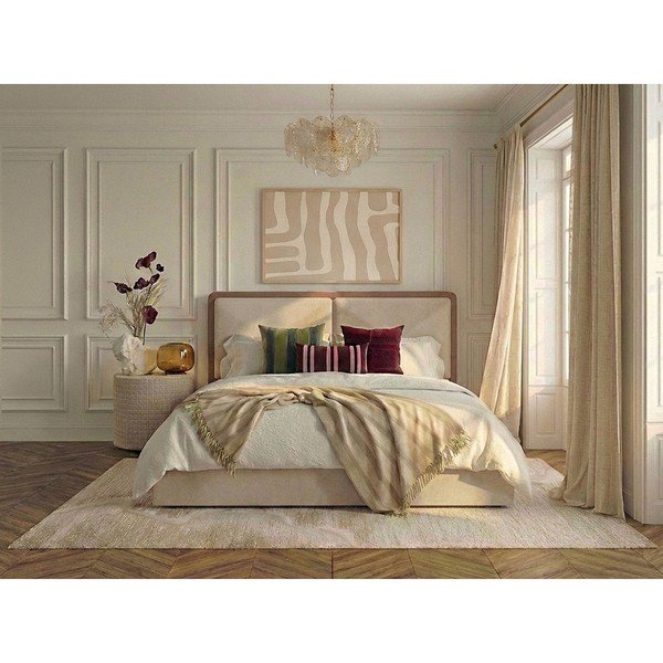 Bézs-törtrózsaszín kárpitozott ágyneműtartós franciaágy ágyráccsal 180x200 cm Mara – Bobochic Paris-image-1