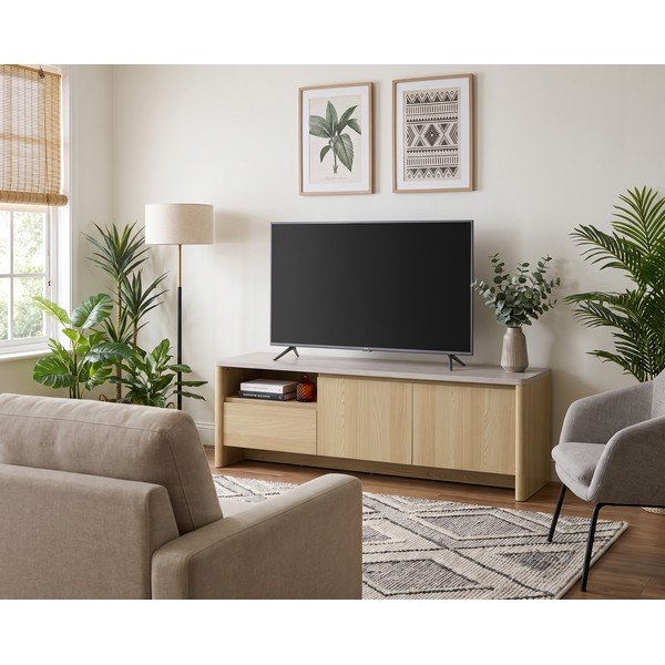 Fehér-világos natúr színű TV-állvány tölgyfa dekorral 153x50x45 cm Dore – Marckeric-image-1