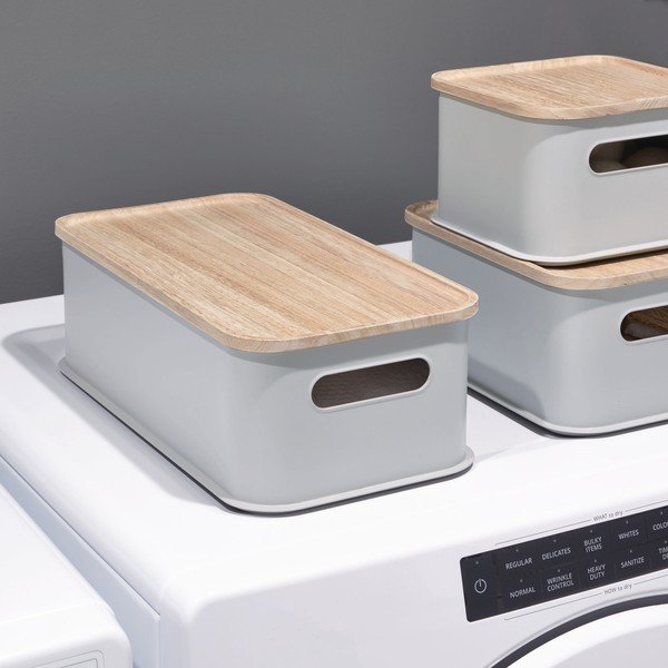 Eco Handled szürke tárolódoboz paulownia fa fedéllel, 21,3 x 43 cm - iDesign-image-1