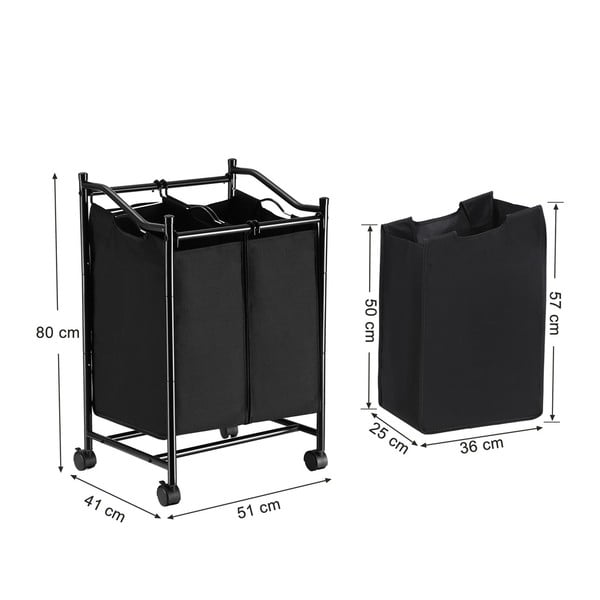 Fekete 2 rekeszes gurulós szennyestartó - Songmics-image-2