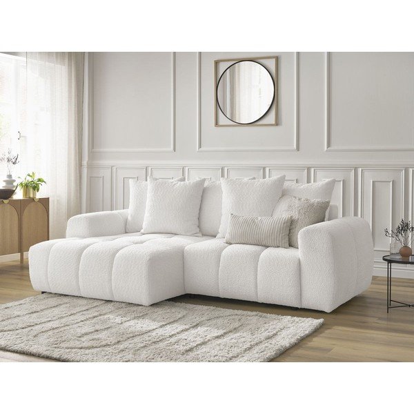 Fehér buklé kinyitható-tárolóhelyes sarokkanapé (bal oldali-heverő résszel) Roxelane – Bobochic Paris-image-4