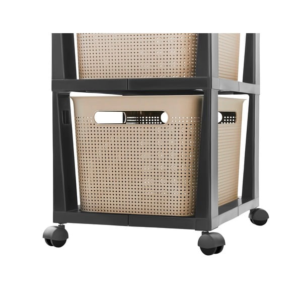 Fekete-bézs műanyag gurulós polcos állvány 30x77 cm Brisen - Rotho-image-2