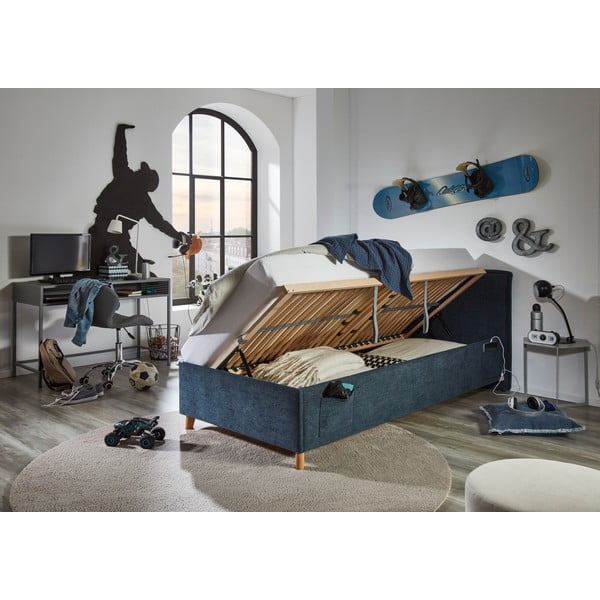 Sötétkék kárpitozott ágyneműtartós gyerekágy ágyráccsal 90x200 cm Fun – Meise Möbel-image-4