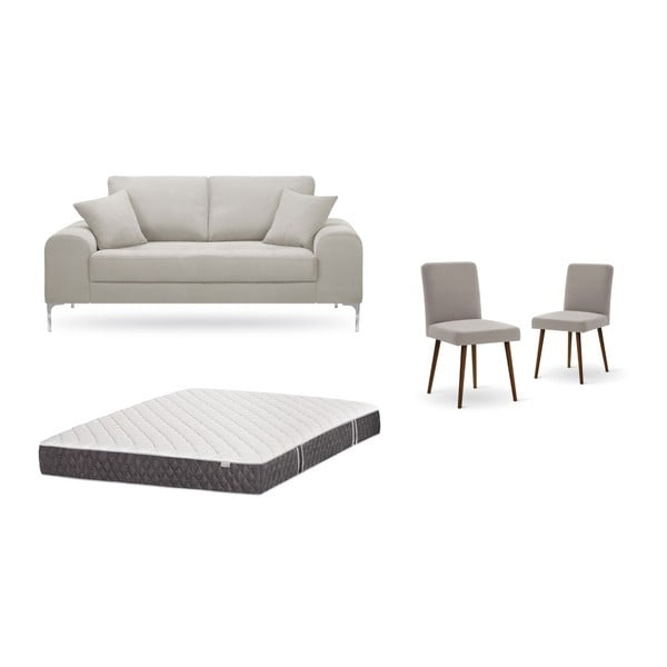 Krémszínű, kétszemélyes kanapé, 2 db szürke szék és matrac (140 x 200 cm) szett - Home Essentials