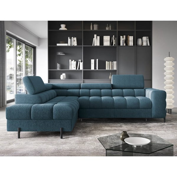 Kék buklé kinyitható-tárolóhelyes sarokkanapé (bal oldali-L alakú) Ferucce – ELTAP-image-1