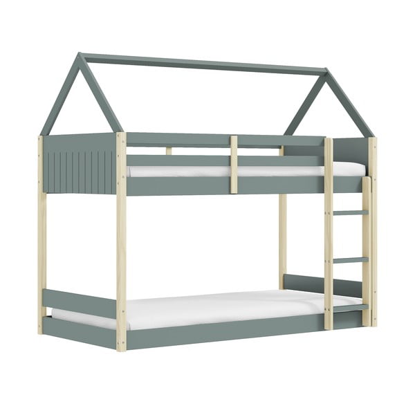 Natúr színű-szürkészöld házikó alakú-emeletes gyerekágy ágyráccsal 90x190 cm Valka – Marckeric-image-2