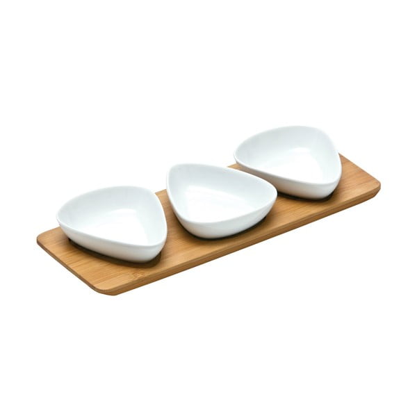 Trio Snacks 3 db porcelán tálka bambusz tálcán - Premier Housewares