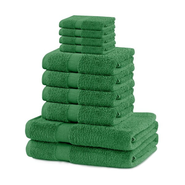 Sötétzöld frottír pamut törölköző és fürdőlepedő készlet 10 db-os Marina – Restilo
