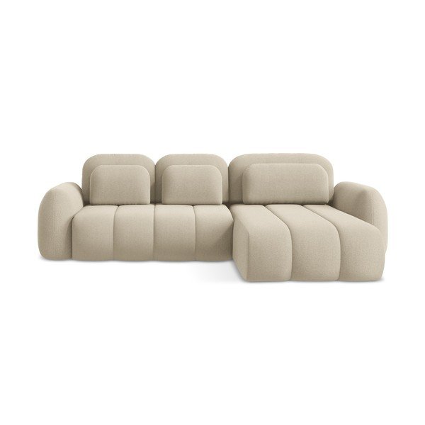 Világosbarna buklé kinyitható-tárolóhelyes sarokkanapé (jobb oldali-heverő résszel) Pele – Makamii