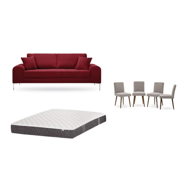 Piros, háromszemélyes kanapé, 4 db szürkésbézs szék, matrac (160 x 200 cm) szett - Home Essentials